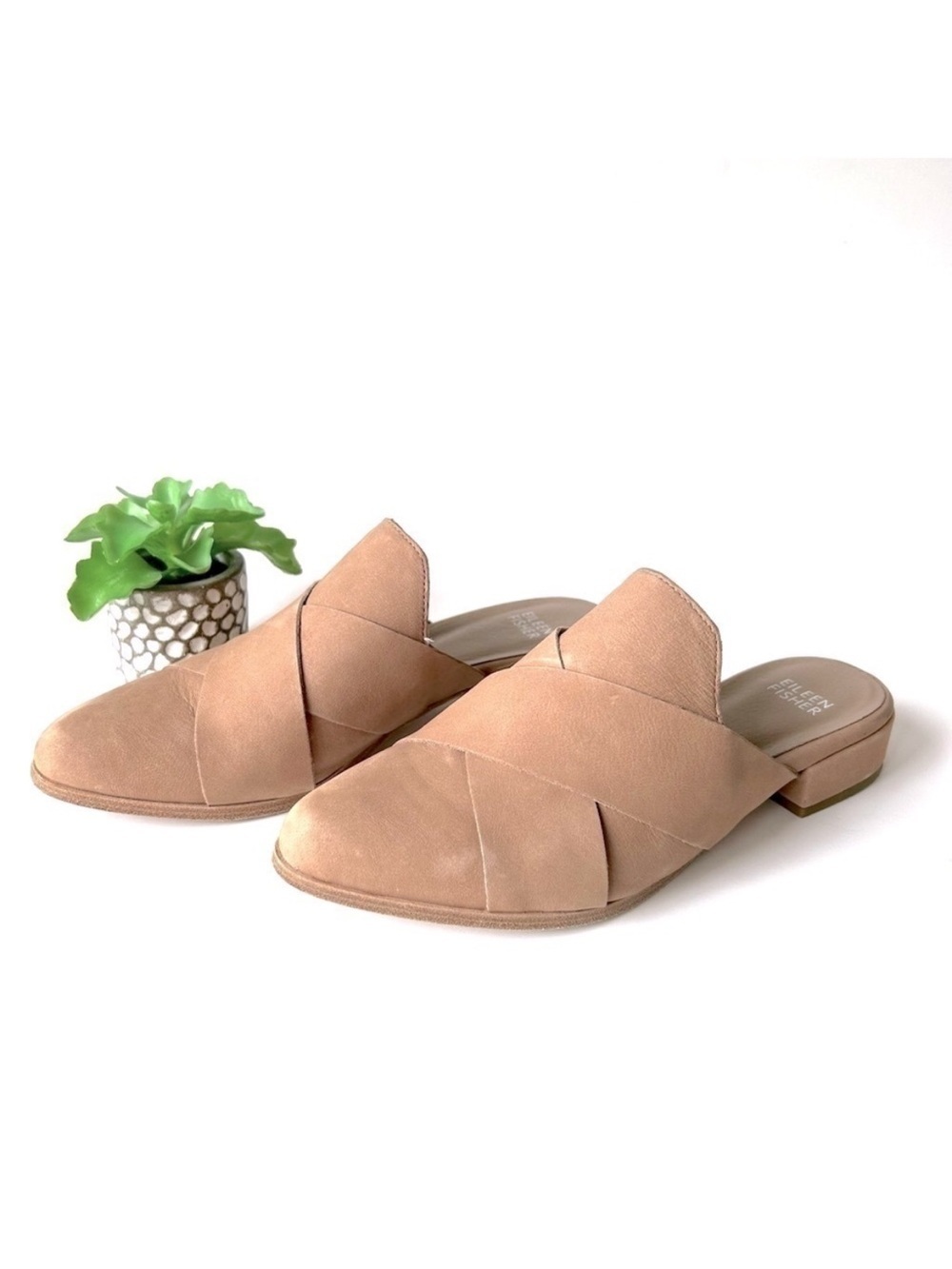 Eileen Fisher Bauer Tumbled Nubuck Mule Tan Leather Crisscross Flat Slide Size 6